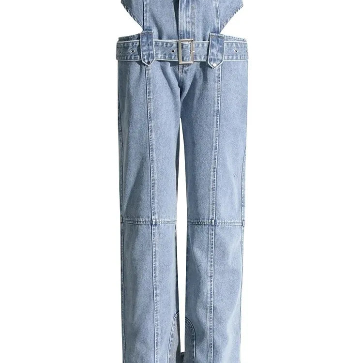 TWOTWINSTYLE Casual Cut Out Denim Trousers For Women High Waist Patchwork Belt Vintage Streetwear Jean Female Fashion Clothing