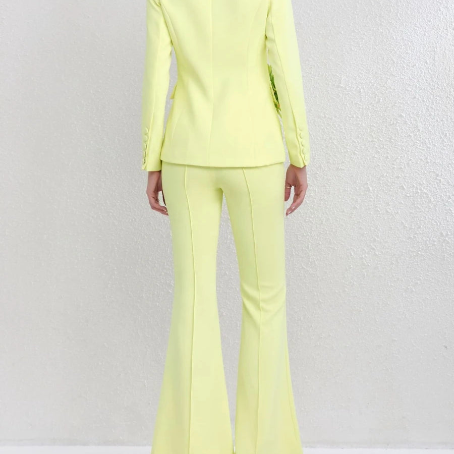 TWOTWINSTYLE Solid Slimming Spliced 3D Flower Two Piece Sets for Women Lapel Long Sleeves Patchwork Button Top Pant Set Female