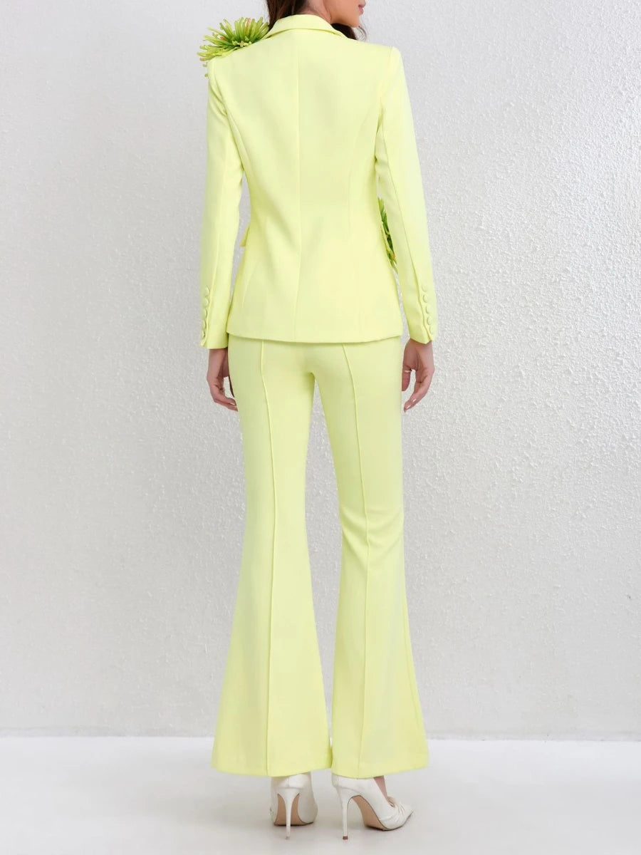 TWOTWINSTYLE Solid Slimming Spliced 3D Flower Two Piece Sets for Women Lapel Long Sleeves Patchwork Button Top Pant Set Female