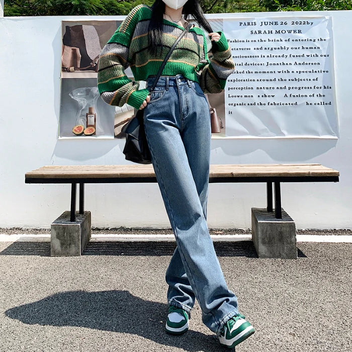 High Waisted Women Denim Jeans Straight Loose New Arrival Daily Pants Fashion Brand Spring Summer Trousers All-match Lengthen blue