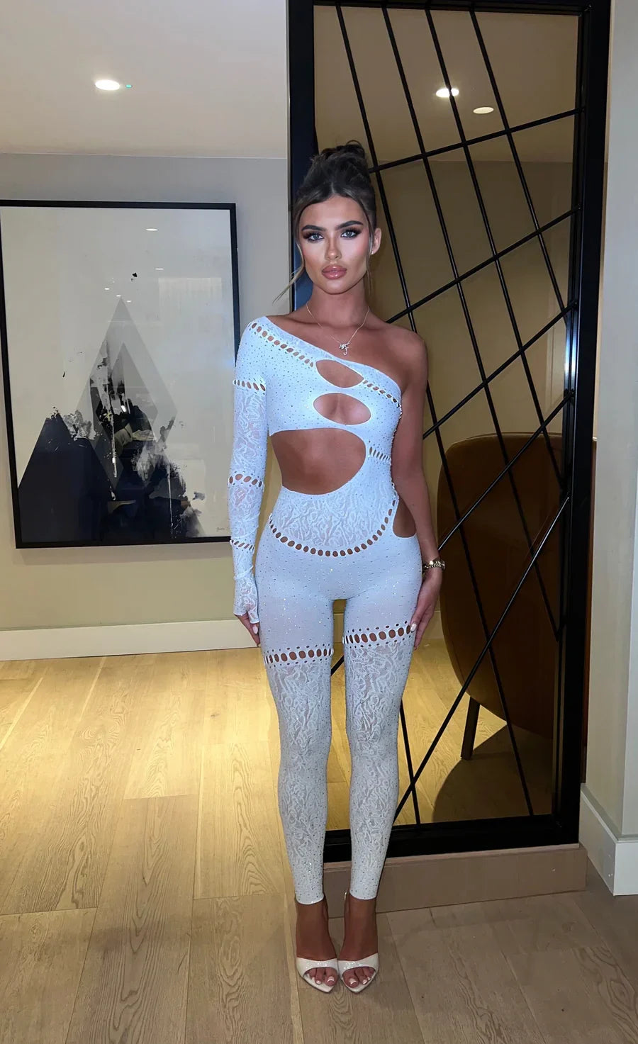 Womens One Piece Nightwear Party Clubwear Bodycon Rhinestone Crystal Bodystocking Jumpsuit Lingerie DY-008 white One Size