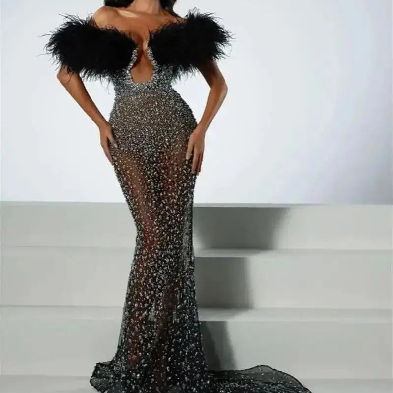 Luxury Feather Dazzling Diamonds Sexy Mesh See Through Black Floor Length Dress Goddess Evening Party Dress Red Carpet Vestido