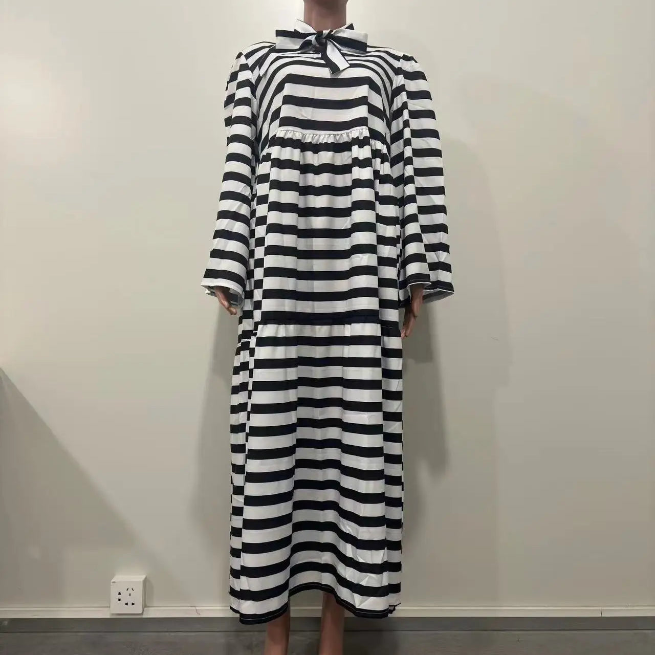 CM.YAYA Vintage Women Striped Bowknot Collar Long Sleeve High Waist Big Swing Babydoll Maxi Long Dress 2023 New Vestidos Dresses