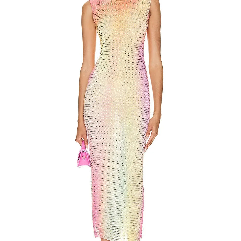 Robe longue moulante sans manches à strass brillants et sexy pour femme, tenue de soirée tendance pour célébrer un anniversaire ou un retour à la maison