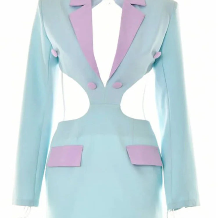 Mozision Hollow Out Backless Blazer Dress For Women Robe Autumn Notched Collar Full Sleeve Bodycon Party Mini Dress Vestido Blue