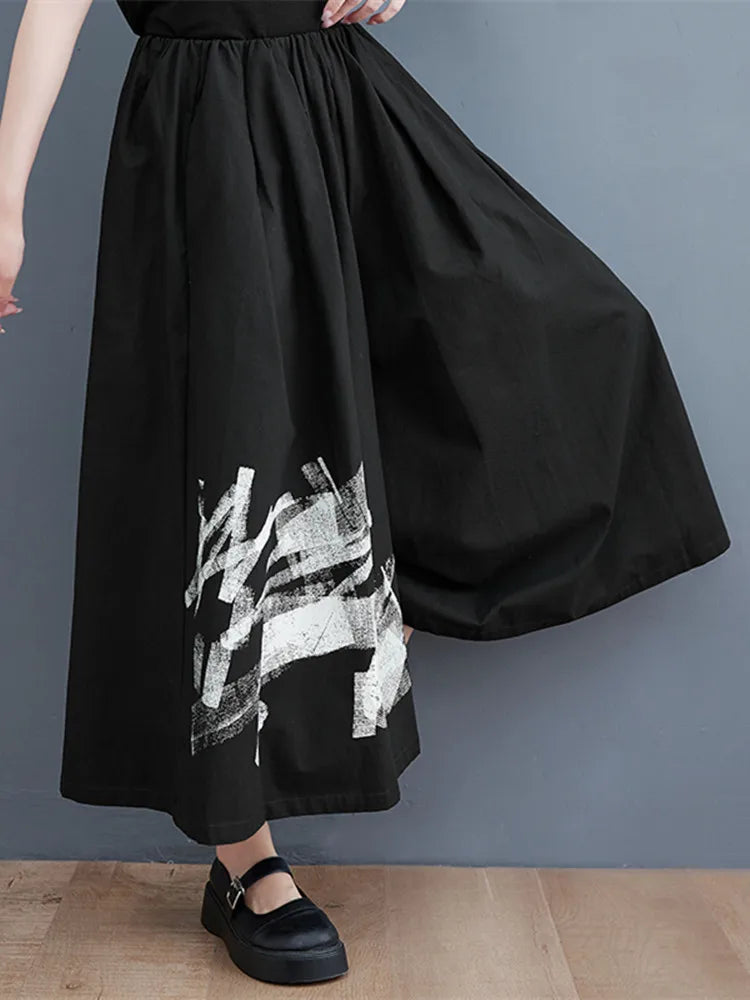 New Arrival Japan Yamamoto Dark Style Black Summer Wide Leg Pants Print Fashion Women High Waist Casual Pants Culotte