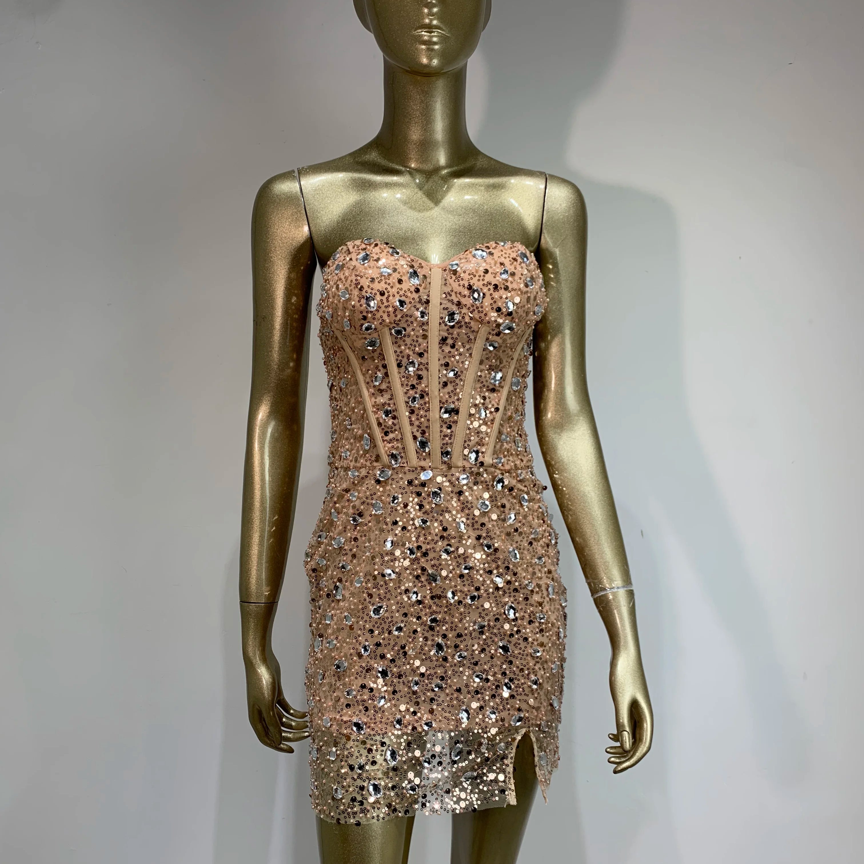 Summer Sexy Strapless Backless Mesh Sequins Diamonds Gold Mini Women Celebrity Dress 2024 Elegant Party Evening Club Vestido