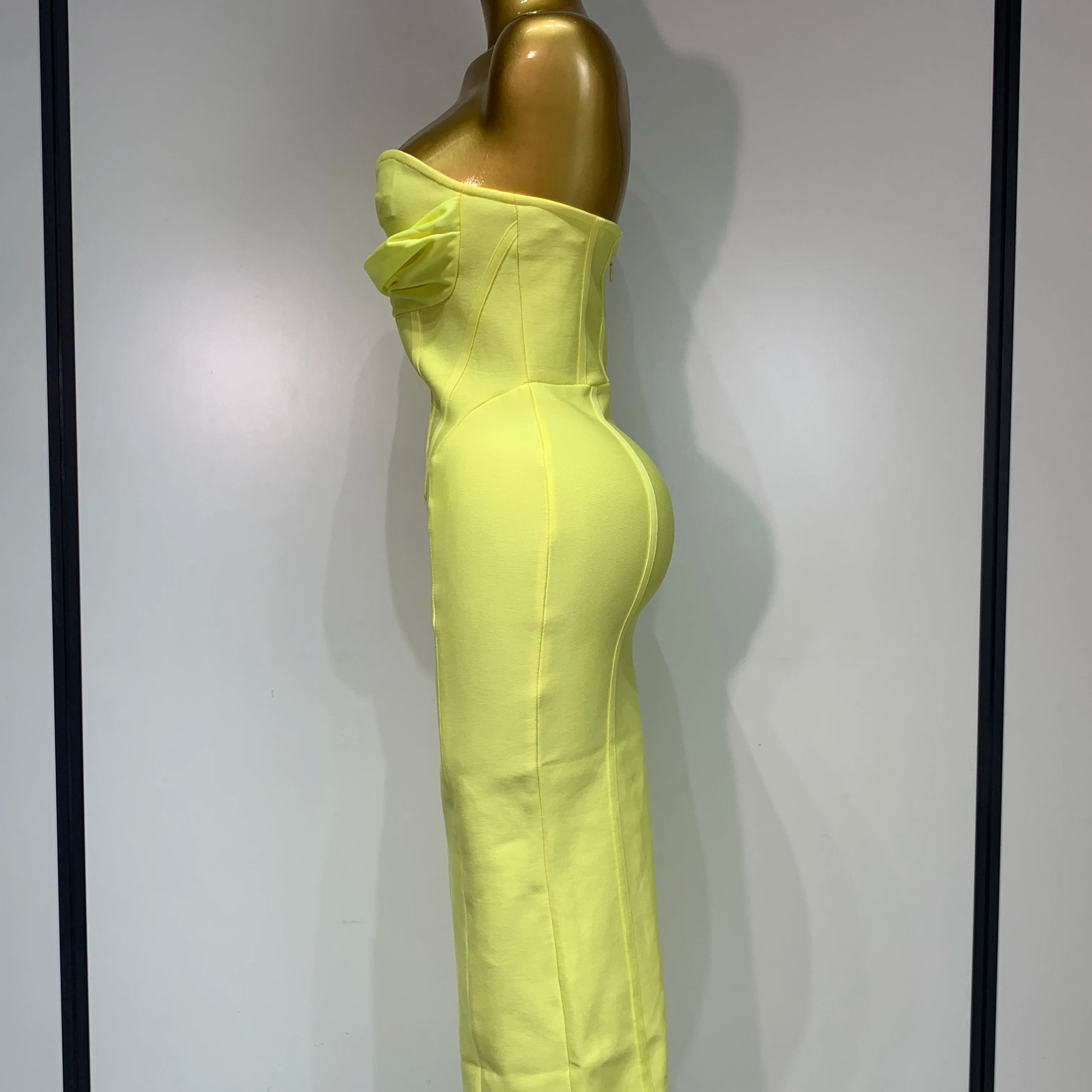 Newest 2025 Women Strapless Sexy Yellow Stretch Bodycon Bandage Dress Elegant Evening Party Luxury Birthday Celebrity Prom Gown