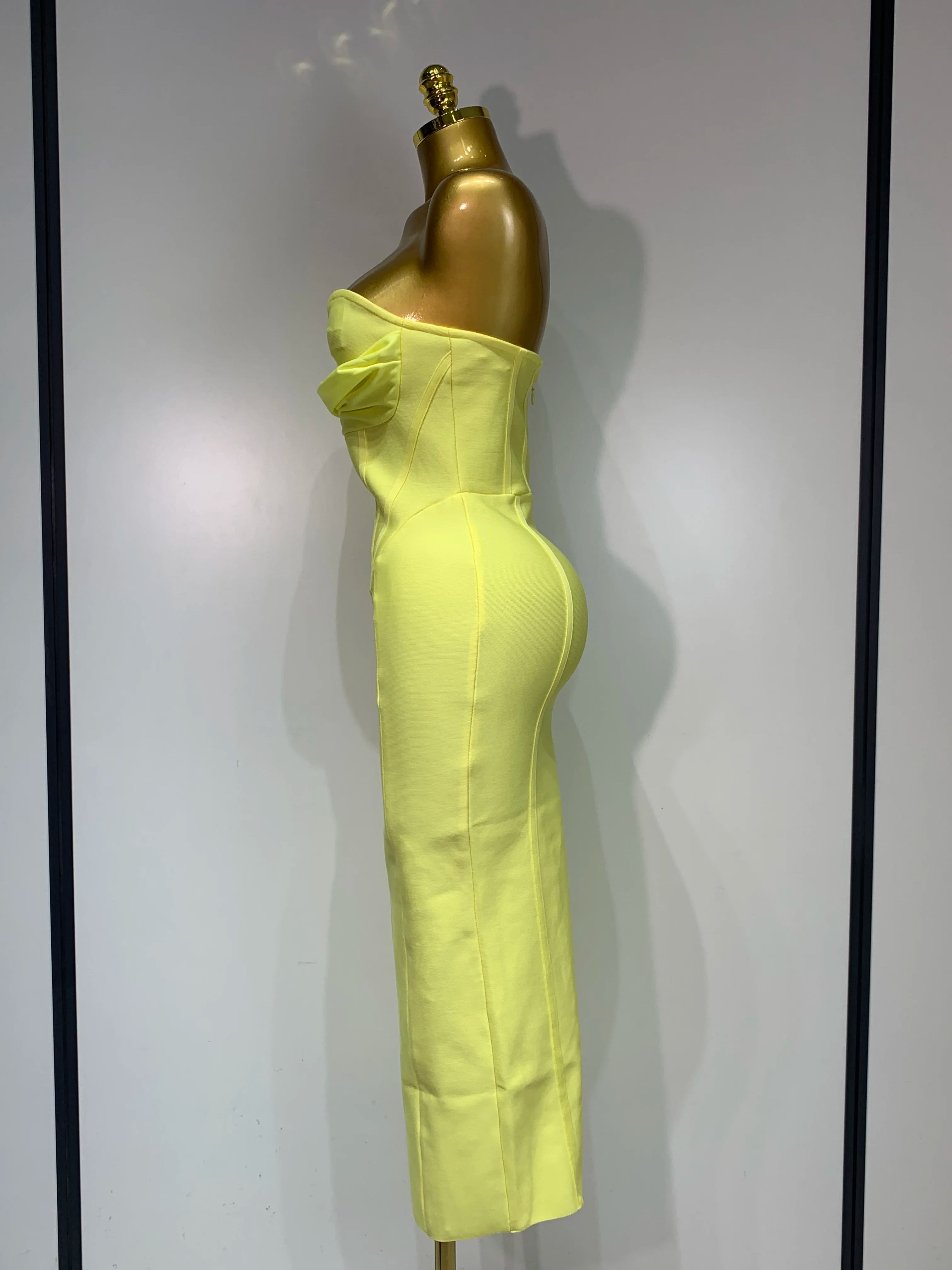 Newest 2025 Women Strapless Sexy Yellow Stretch Bodycon Bandage Dress Elegant Evening Party Luxury Birthday Celebrity Prom Gown