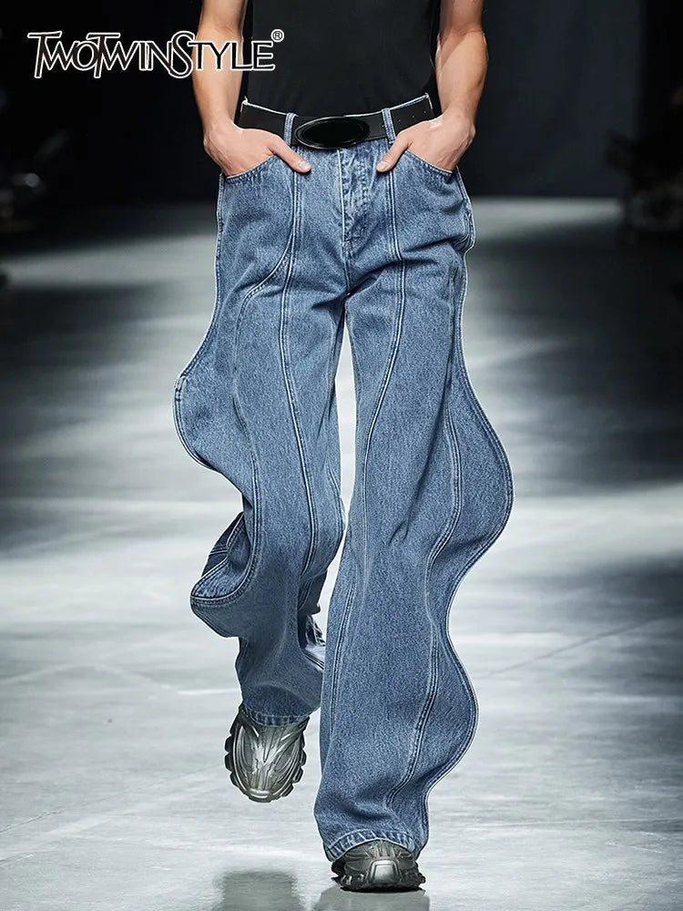 Irregular Spliced Pockets Jeans High Waist Patchwork Zipper Vintage Minimalist Wide Leg Jean Female Fashion Clothes