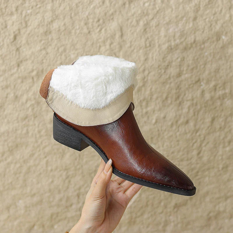 Autumn/winter Women Boots Genuine Leather Western Boots Women Shoes Pointed Toe Chunky Heel Chelsea Boots Retro Ankle Boots Brown-wool inside