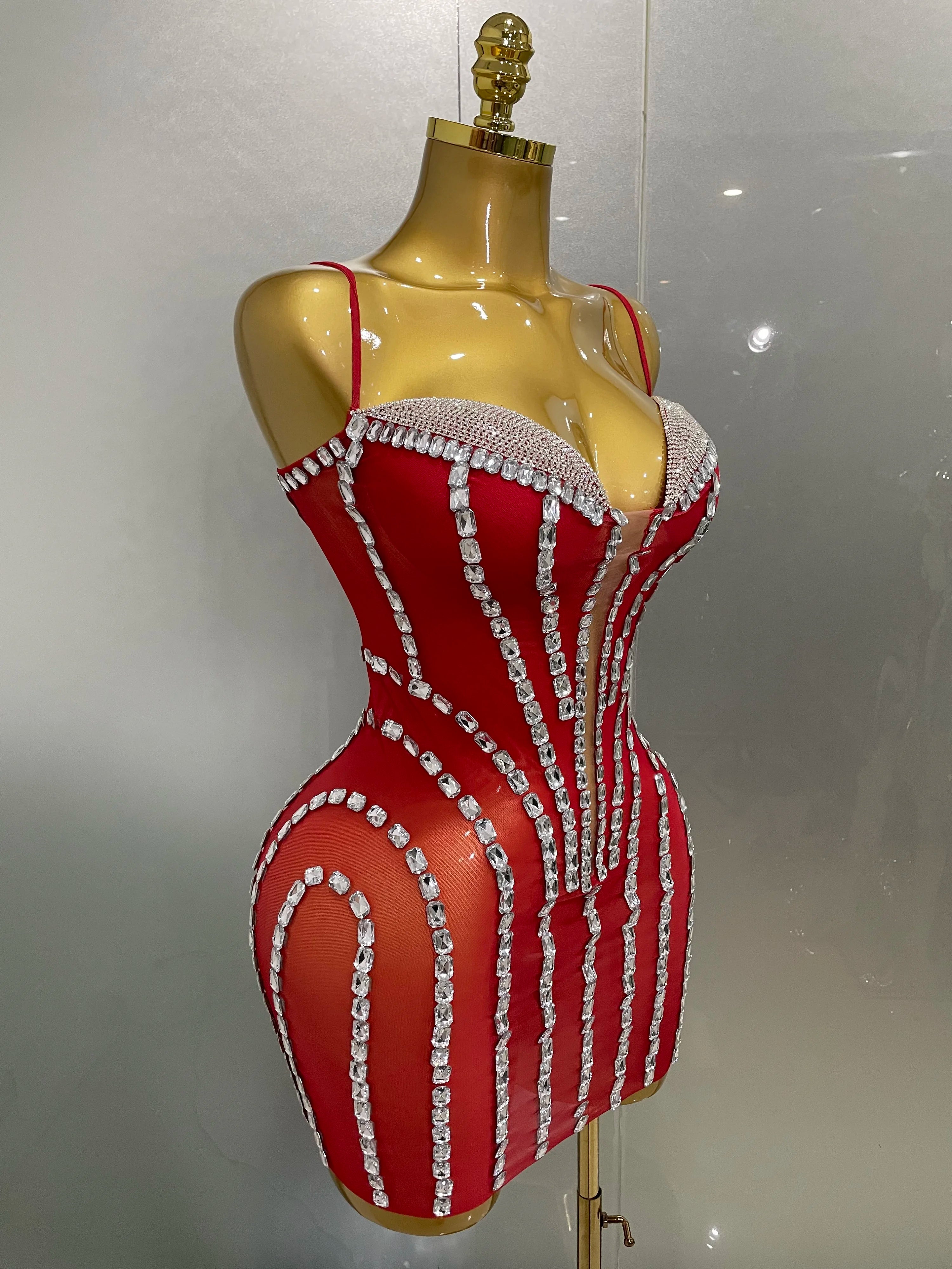 Sexy Sparkly Rhinestones Mesh See Through Short Slip Dress 2025Women Evening Birthday Party Prom Nightclub PhotoShoot Stage Wear