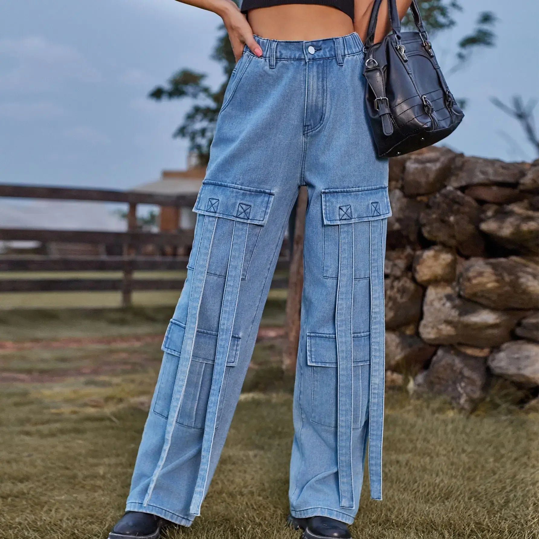 Heavy Work Ribbon Design Denim Work casual pants Women's New Wash Vintage Personalized blue