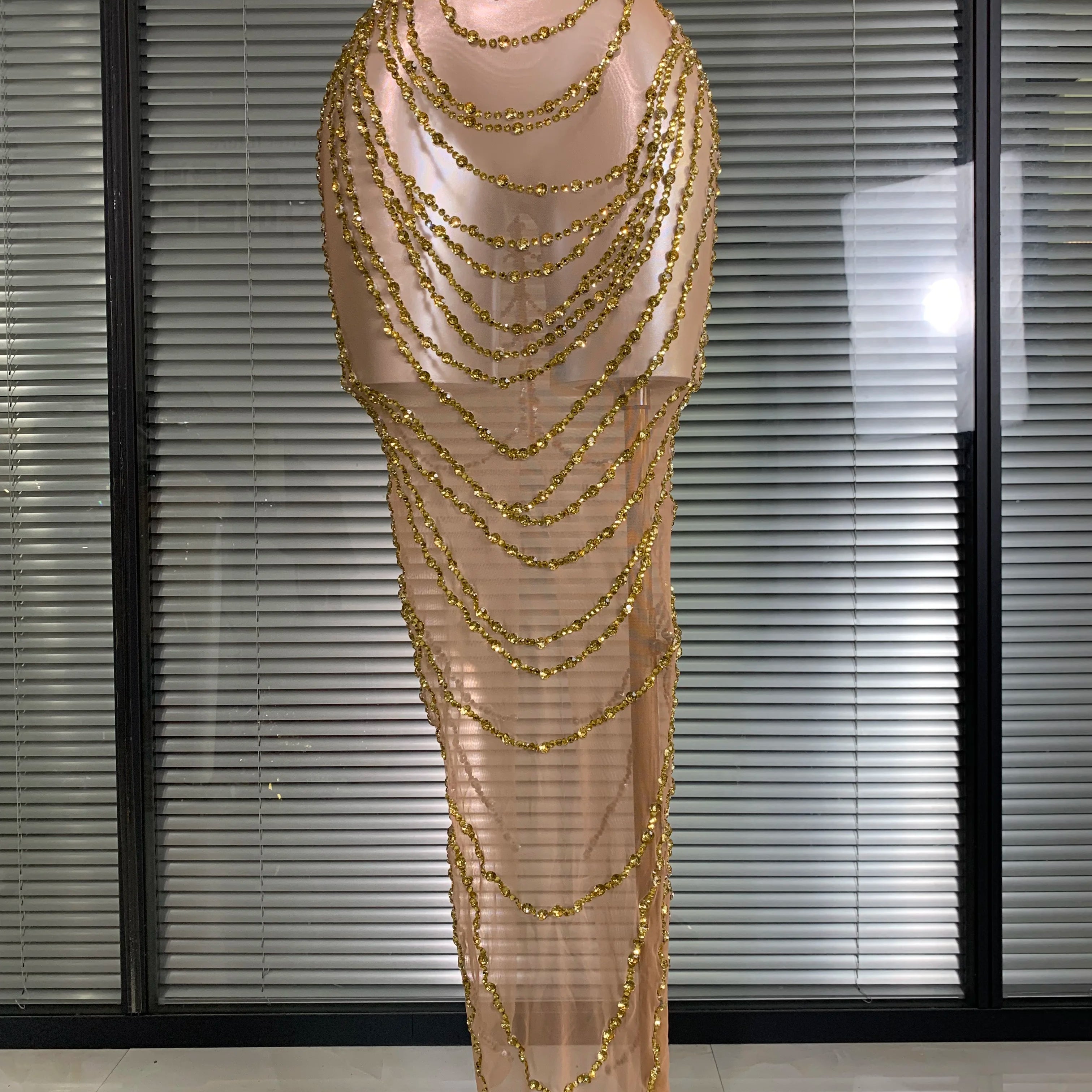 New Women Sexy Mesh Crystal Diamonds Shinning Long Maxi Dress See Through Gold Silver Party Costume Stage Performance Dress