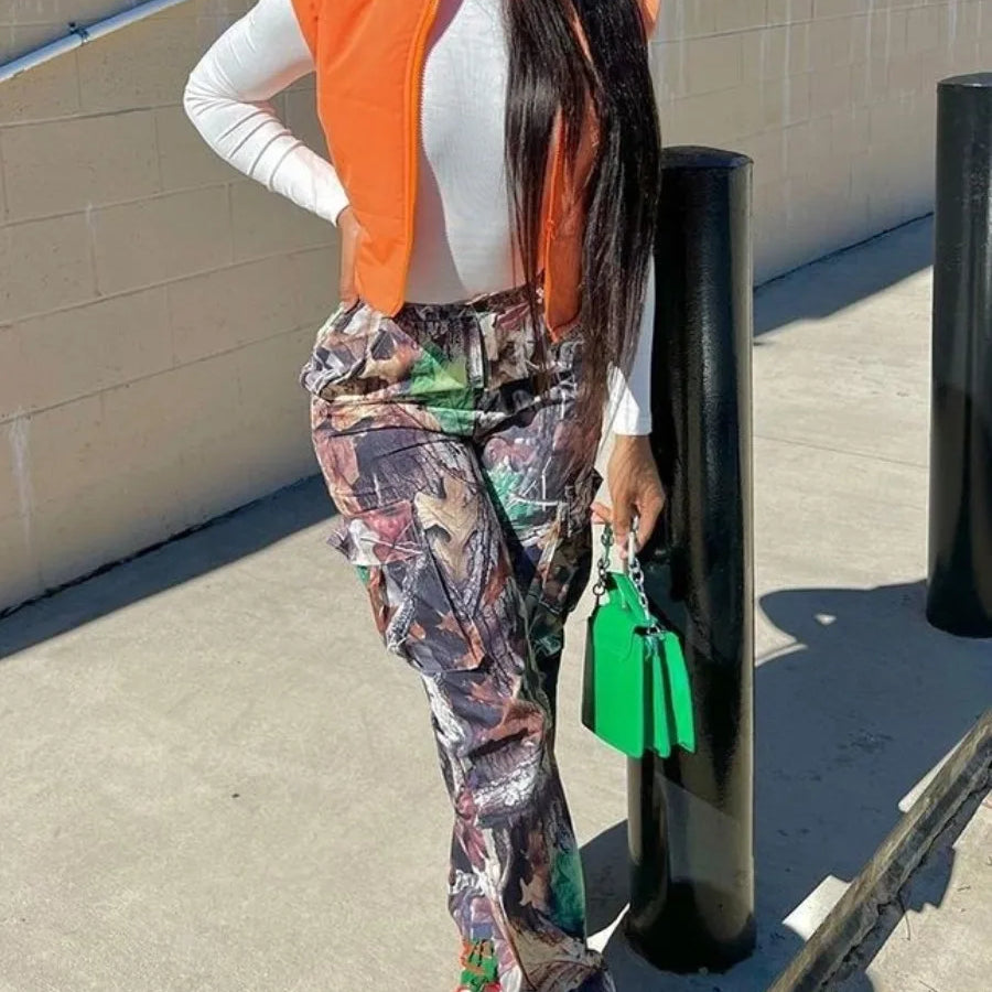Mid-Waist Side Pocket Design Camo Print Cargo Pants Women Street Y2K Trousers Print Design Jeans