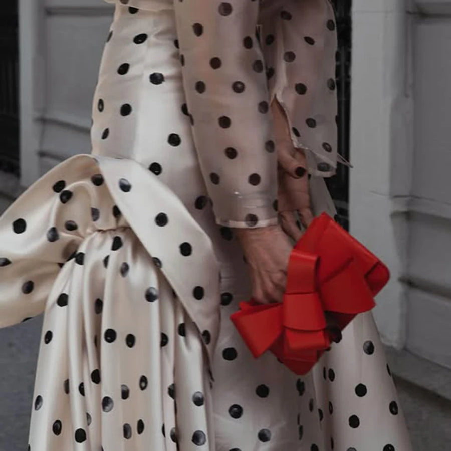 TWOTWINSTYLE Hit Color Sheer Spliced Wave Point Two Piece Sets for Women Round Neck Long Sleeves Top High Waist Skirt Set Female