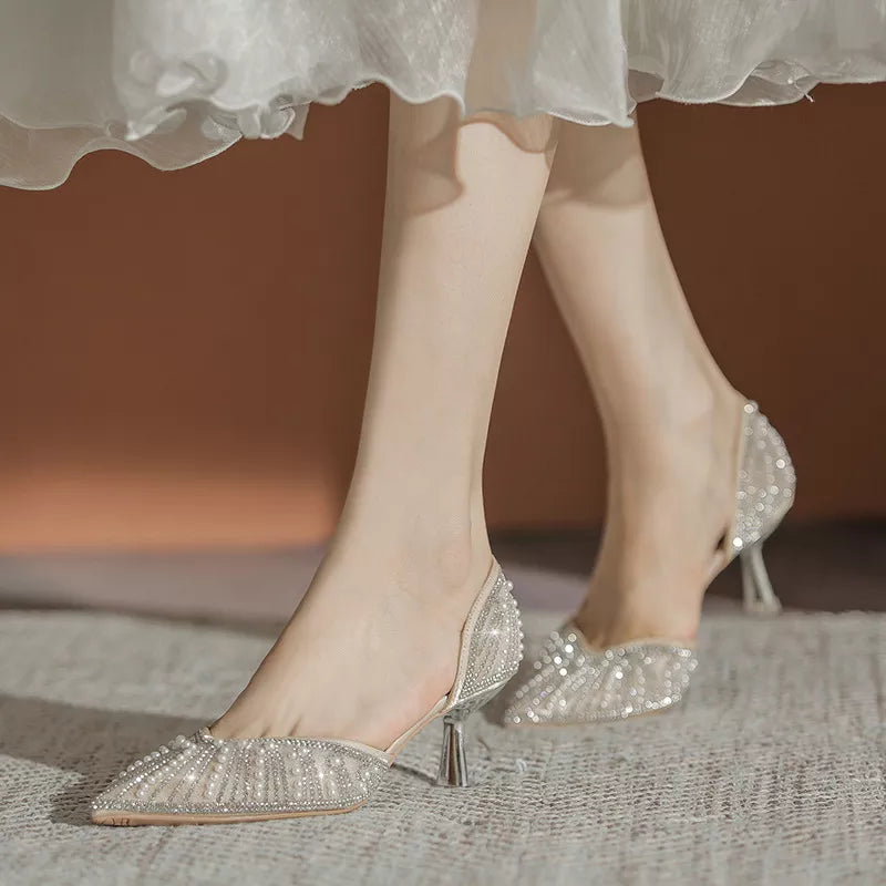 6CM Pointed Toe Bride Wedding Shoes Cinderella Prom Rhinestone Mary Janes High Heels Thin Heels Mary Jane Shoes