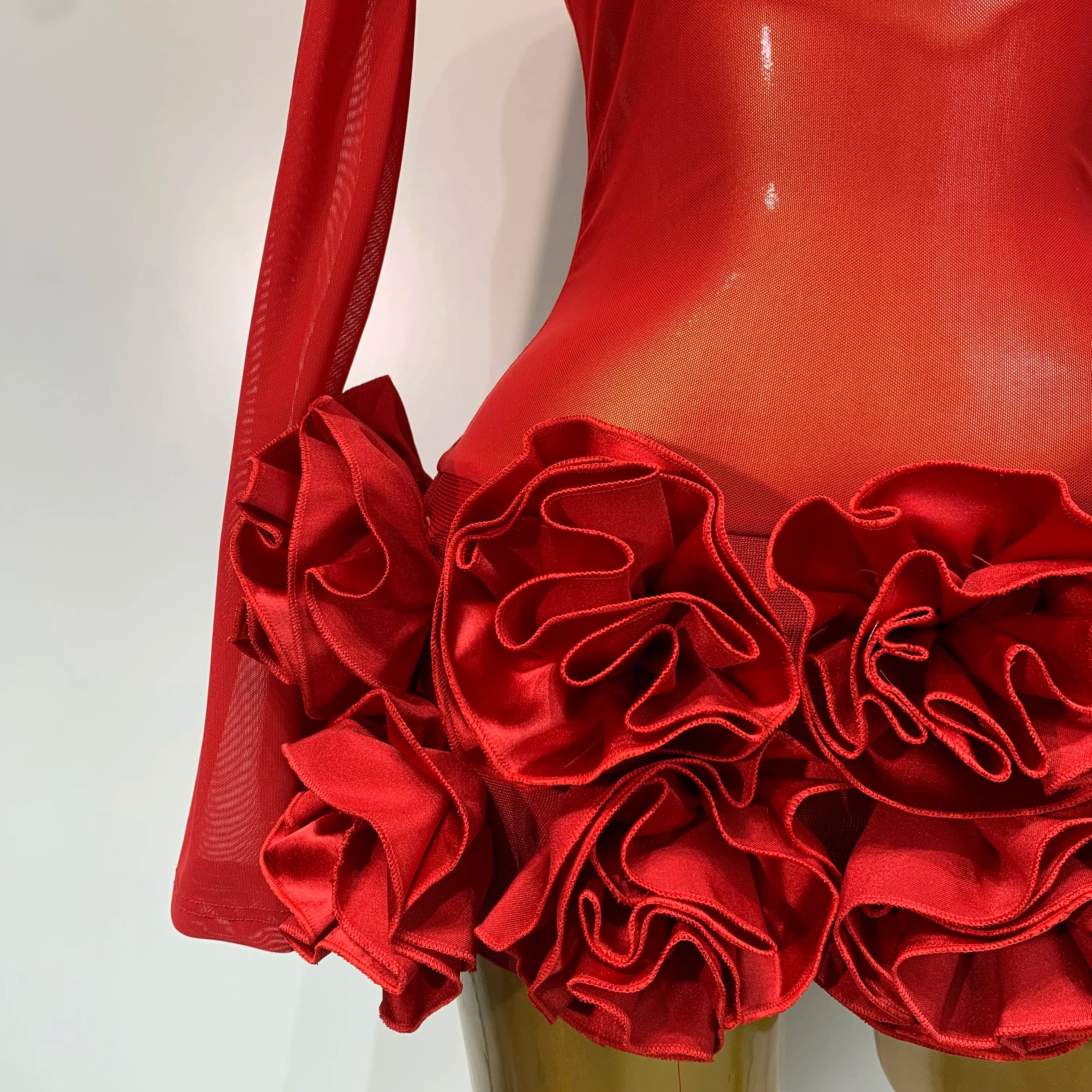 Women Sexy Mesh See through Stereoscopic Flowers Red Mini Bandage Dress Birthday Party Evening Dress Club Singer Perform Costume