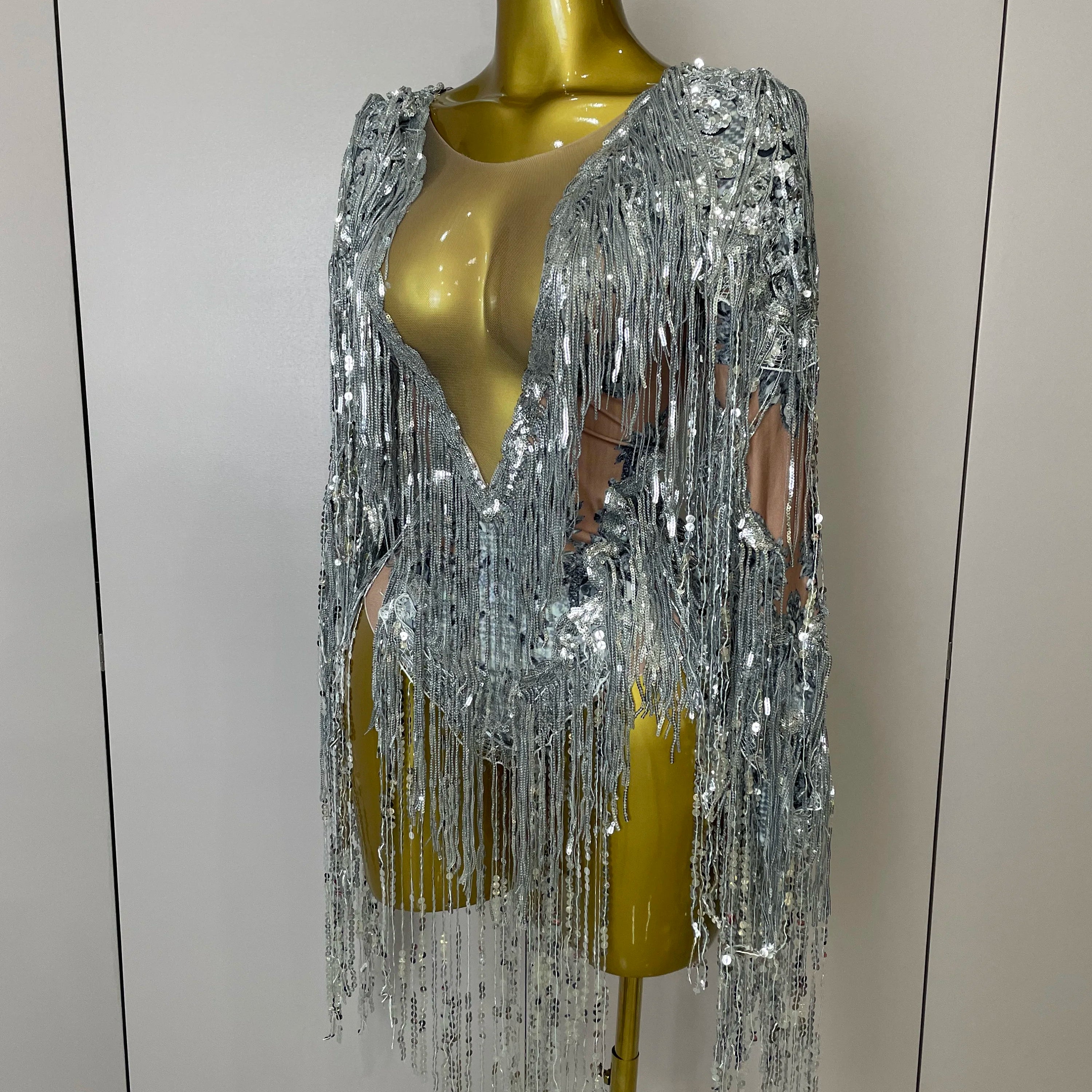 STOCK 2025 Flashing Sequins Tassels Sexy See-Through Sheath Bodysuit Evening Party Nightclub Dancer Stage Perfprmance Costume