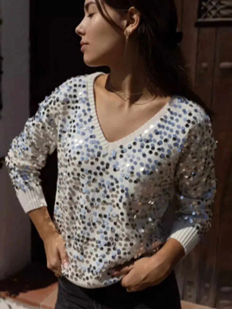 Fashion Sequins Glitter Loose Sweaters For Women Sexy V Neck Long Sleeve Wram Jumper Tops Office Ladies Weam Commute Pullover