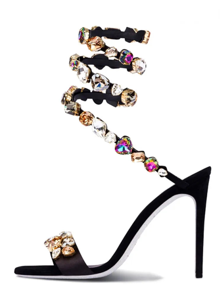 Women's High Heel Sandals Fashion Colored Diamond Snake Party Banquet Water Diamond Slim High Heels color drill