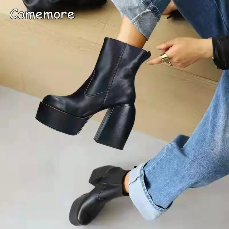 Women Punk Style Autumn Winter Chunky Platform High Boot Party Shoes Ladies Black Thick Heels Elastic Knee High Boots