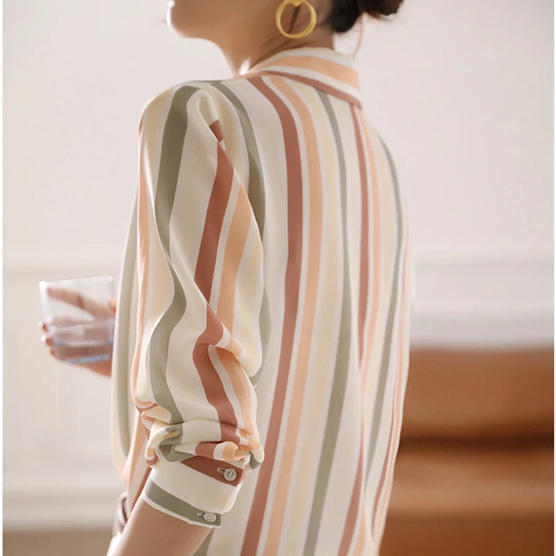 Stripe Women Shirt Satin Vintage Shirt for Women Autumn Clothes Korean Fashion Shirts and Blouses Basic Elegant Womens Tops