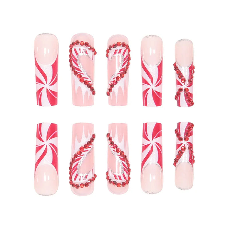 Christmas Gifts False Nails Glitter Red Rhinestone Ribbon Designs Fake Nail Patch Long Coffin Ballet Wearable Press on Nails Tip