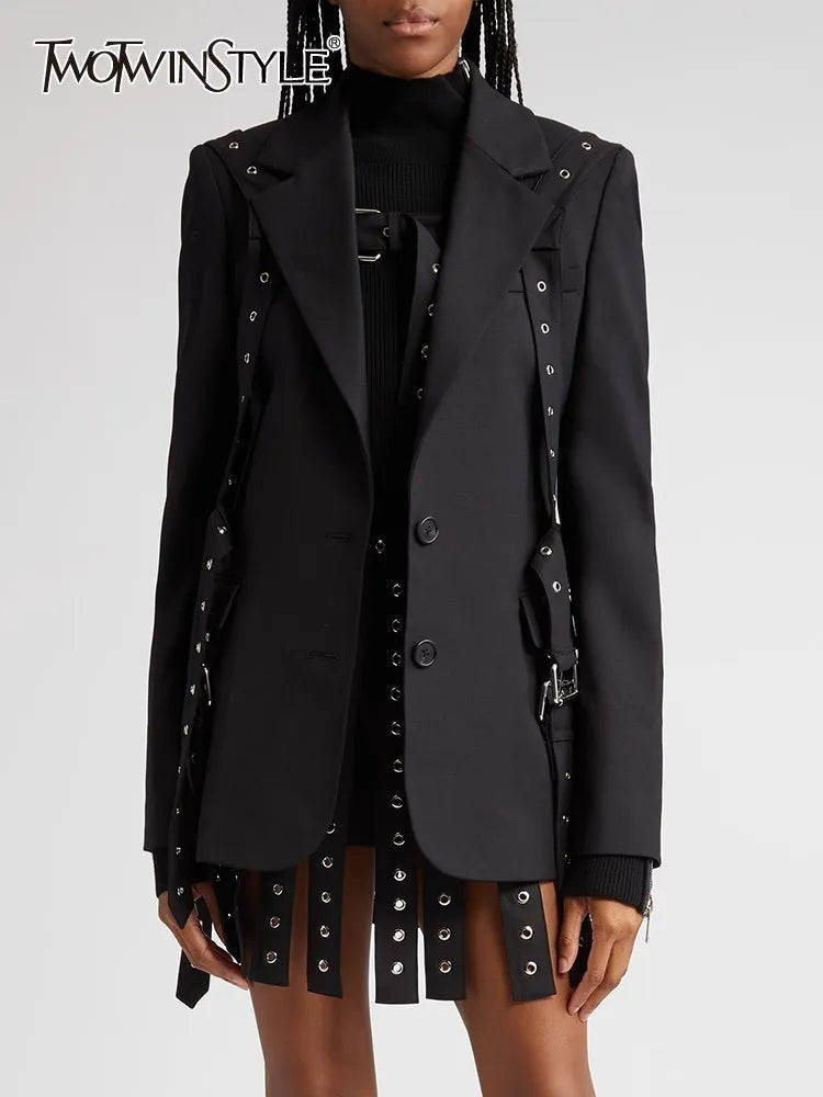 TWOTWINSTYLE Solid Patchwork Belts Blazers For Women Notched Collar Long Sleeve Patchwork Single Breasted Chic Blazer Female New