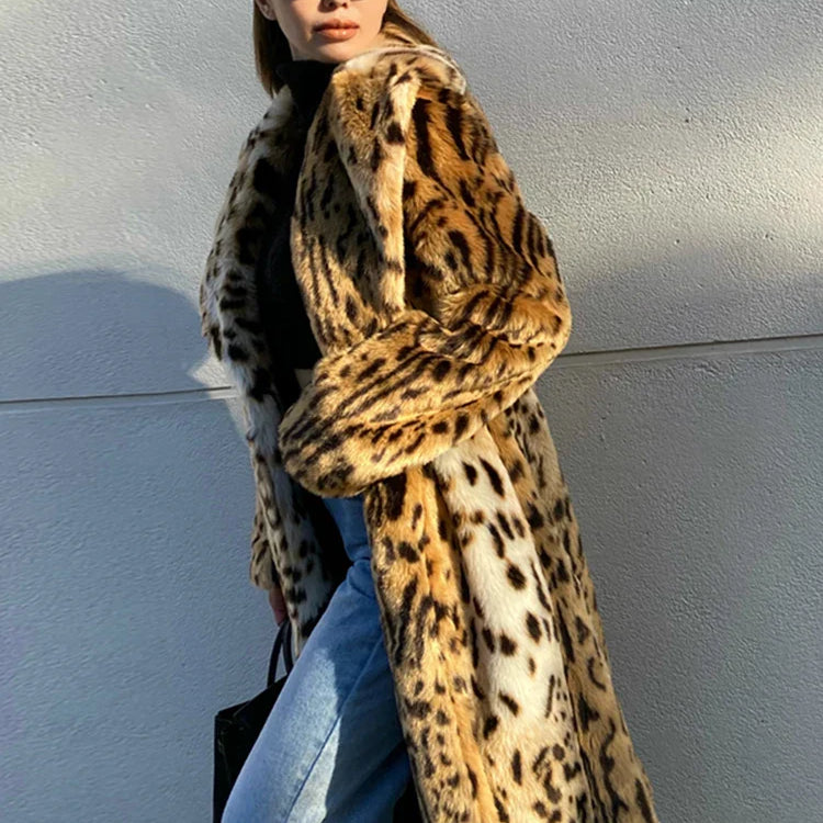 Winter Long Warm Thick Leopard Fluffy Faux Fur Coat Women Tiger Print Runway Loose Luxury Designer Clothing Women 2022