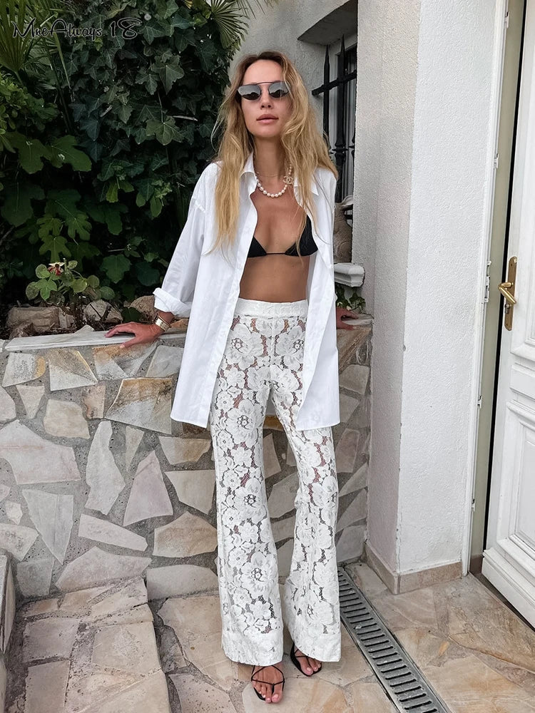 Mnealways18 Sexy Perspective White Flare Pants Summer Women Vacation High Waist Long Trousers Lace Beach Style Female Pants