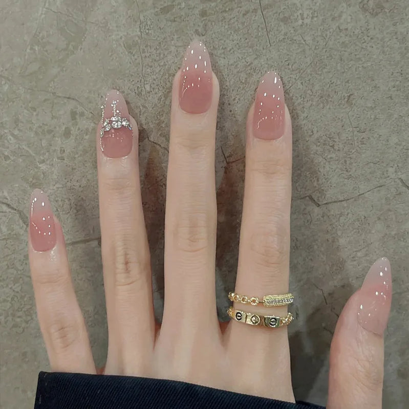 24pcs Nude Pink Glossy Fake Nails with Diamond Nail Tips Art Gradient Glitter Short Almond Oval Fashion Simple Acrylic Nails Set