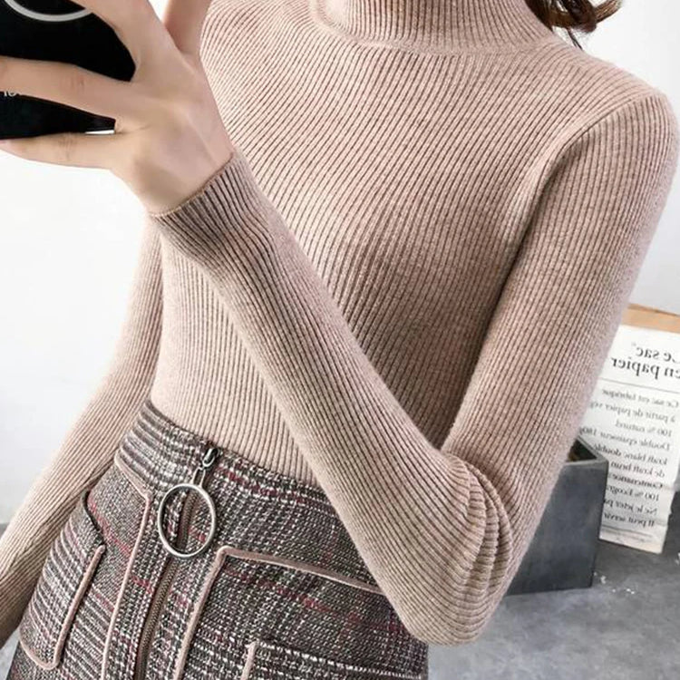 Autumn Winter Mock Neck Women Sweater Vintage Basic Solid Knitted Tops Casual Slim Pullover Korean Sweaters Simple Chic Jumpers