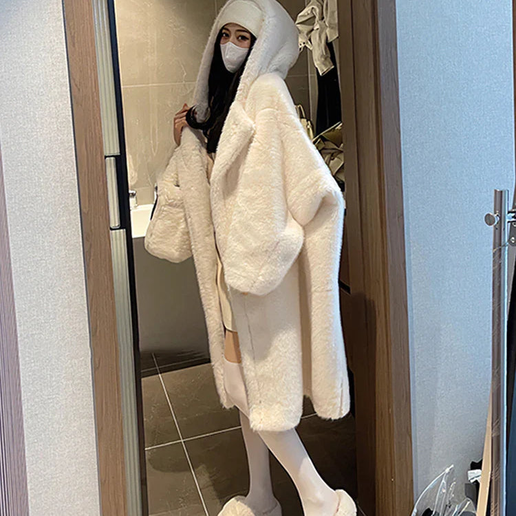 Winter High Quality Long Oversized White Thick Warm Teddy Bear Coat Women with Hood Loose Casual Korean Fashion 2023 White