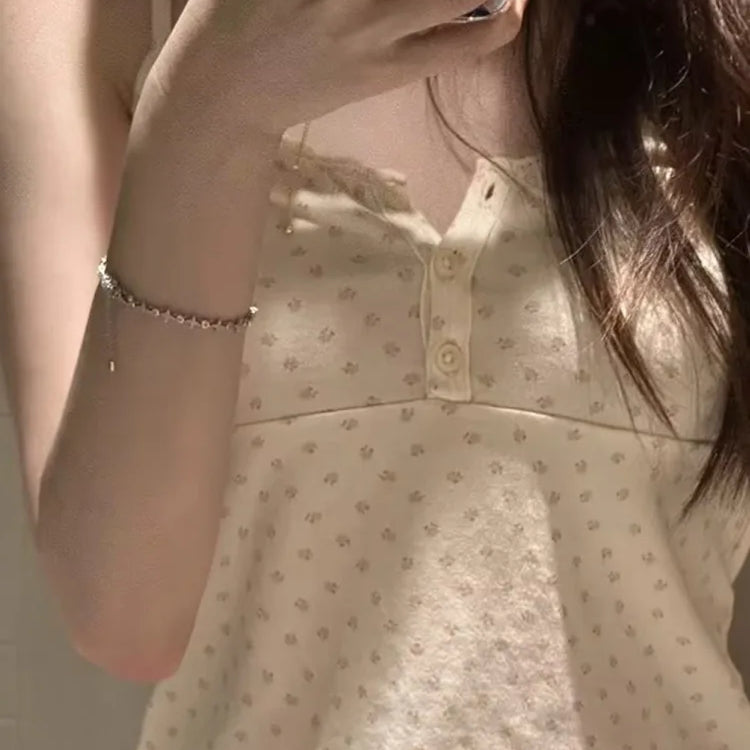 Casual Women Beige Floral Printed Front Buttons Short Camis Summer Vintage Sleeveless Female Tops Chic