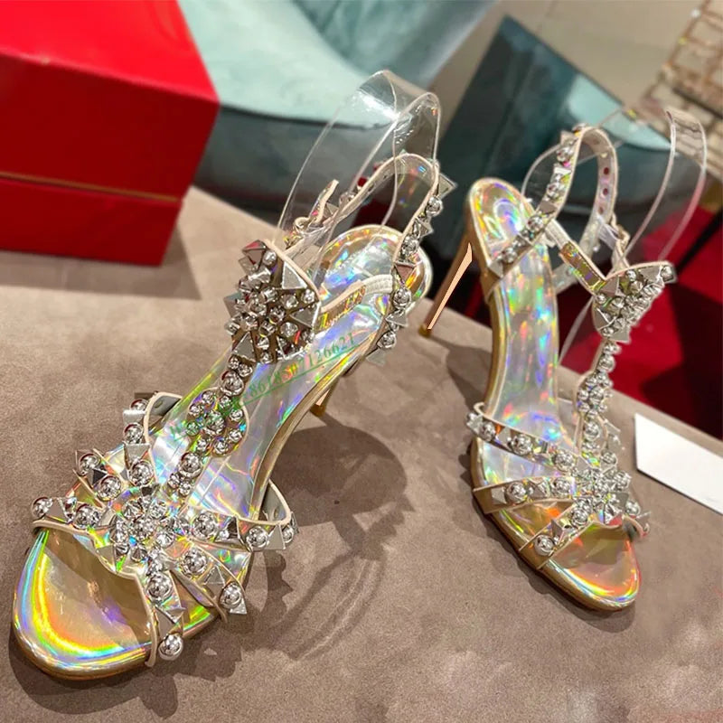 Color Round Toe Open Toe Cross Strap Rivet Sandals Women's Leather Stiletto T-strap High-Heeled Shoes As picture 1