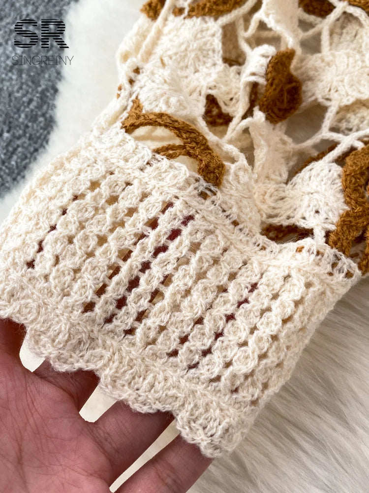 SINGREINY Sunscreen Hook Summer Knit Top Women Elegant O Neck Hollow Out Lantern Sleeve Ladies Vacation Tassel Beach Blouse