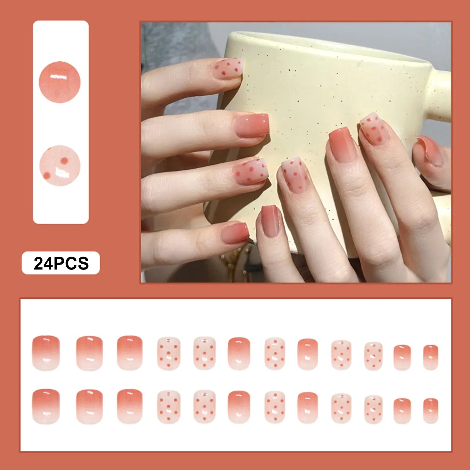 24Pcs Sweet Girls Short Square Fake Nails Gradient Color Press On Nails Dot Printed Nude Pink Charm Manicure Stick-on Naisl Art