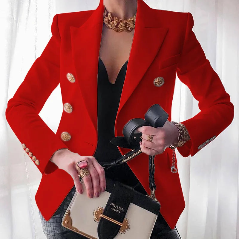 Women Blazer Double Breasted Solid Color Slim Long Sleeve Business Casual Fashion Short Coat Office Ladies Female Suit Jacket