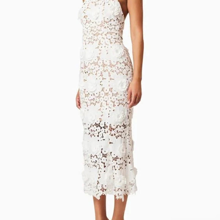 TWOTWINSTYLE Solid Slimming Hollow Out Dresses for Women Halter Neck Sleeveless Patchwork Appliques Elegant Dress Female Fashion