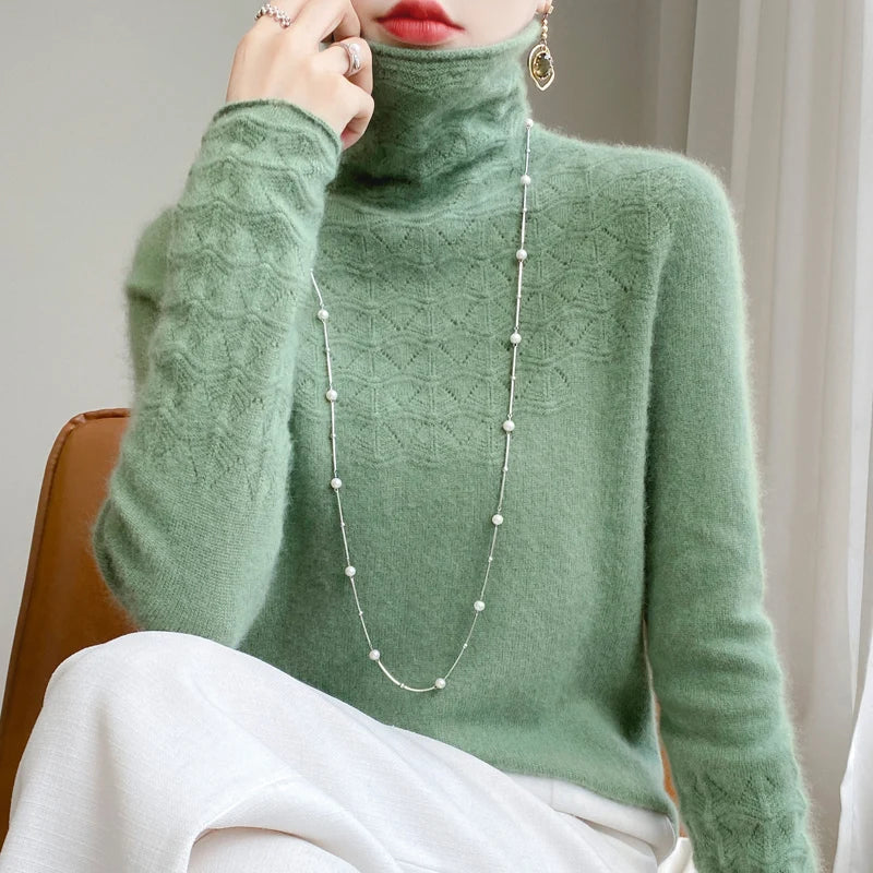 Fashion Cashmere Jumper 100% Merino Wool Pullover Winter High Neck Solid Long Sleeve Women's Seamless Hollow out Knitted Sweater Turquoise