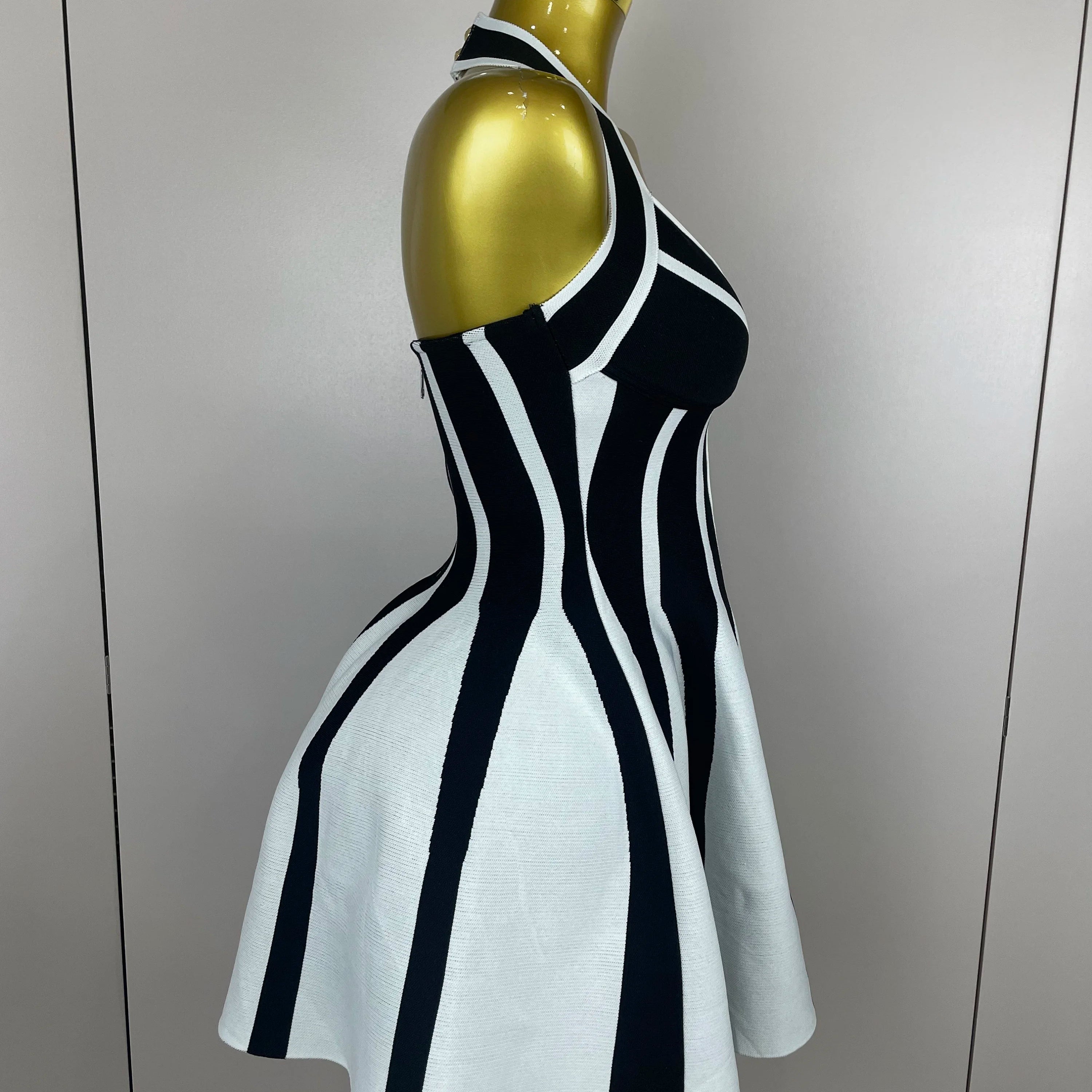 Sexy Backless Black White Stripes Halter Bandage A Line Short Dress 2025Women Celebrity Elegant Evening Party Holiday Club Dress