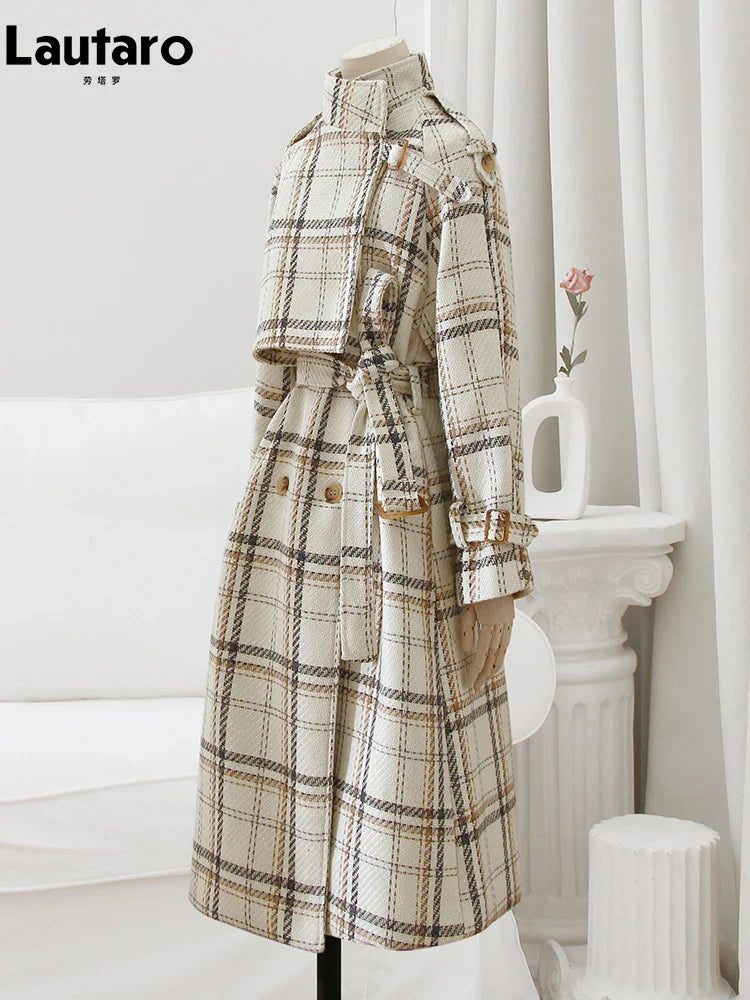 Autumn Winter Long Loose Warm Plaid Wool Blends Trench Coat for Women Raglan Sleeve Belt Double Breasted Woolen Overcoat
