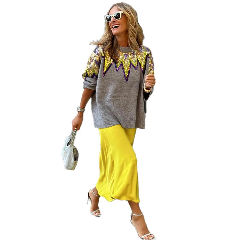 Women O-neck Long Sleeve Knitted Sweater Fashion Sequins Decor Loose Casual Pullovers Female Fall Winter Street Club Jumper