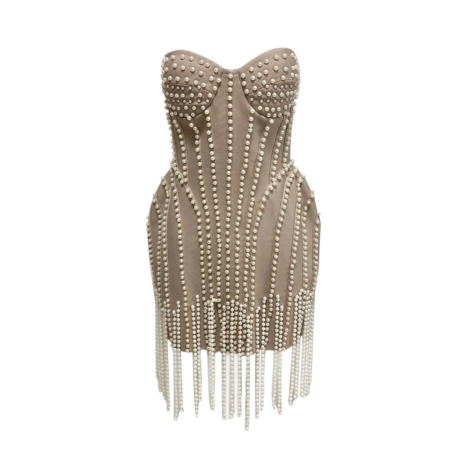 Exquisite Pearl Beading Strapless Khaki Color Bandage Mini Dress Fashion Woman Birthday Party Vestido Evening Party Outfit