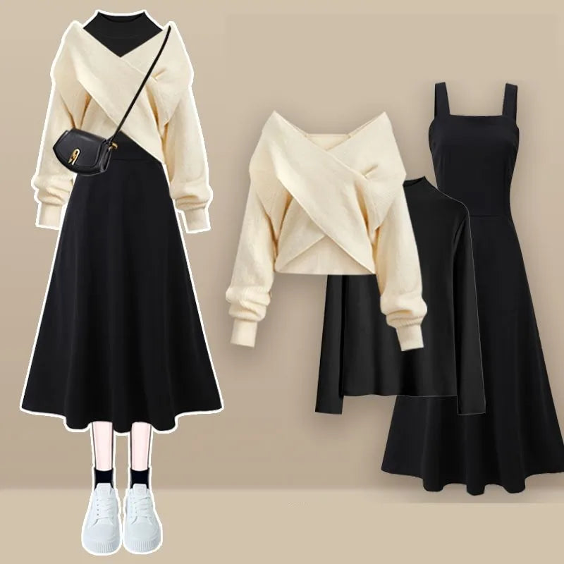 Autumn/Winter New Korean Elegant Matching Set Women's Fashion Cross Knit Sweater+Bottom Shirt+Strap Dress Three Piece Suit Set 01