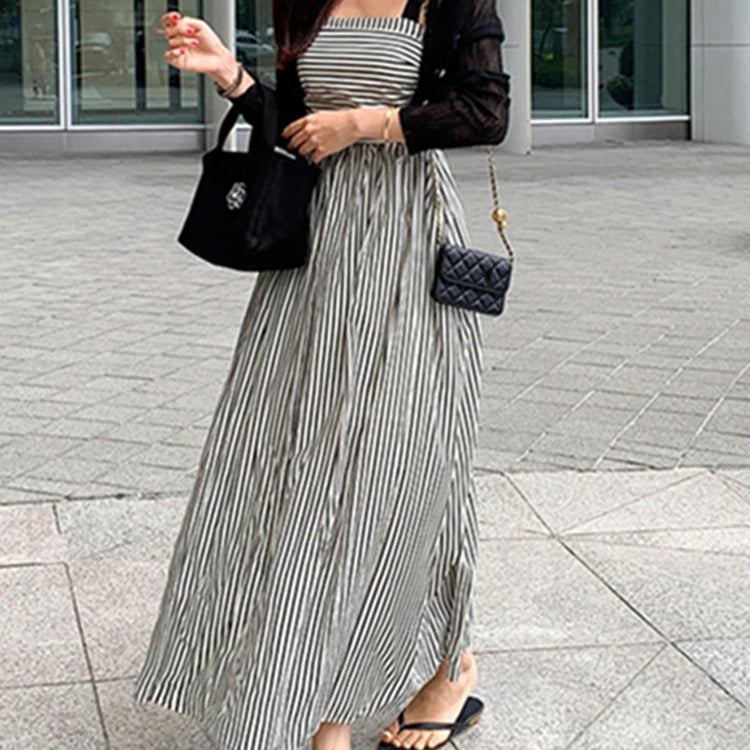 Chic Sleeveless Lace Up Striped High Waist Fashion Elegant Holiday Women's Spring Summer Long Dresses