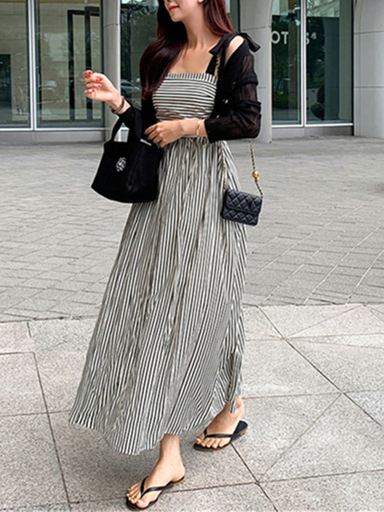 Chic Sleeveless Lace Up Striped High Waist Fashion Elegant Holiday Women's Spring Summer Long Dresses