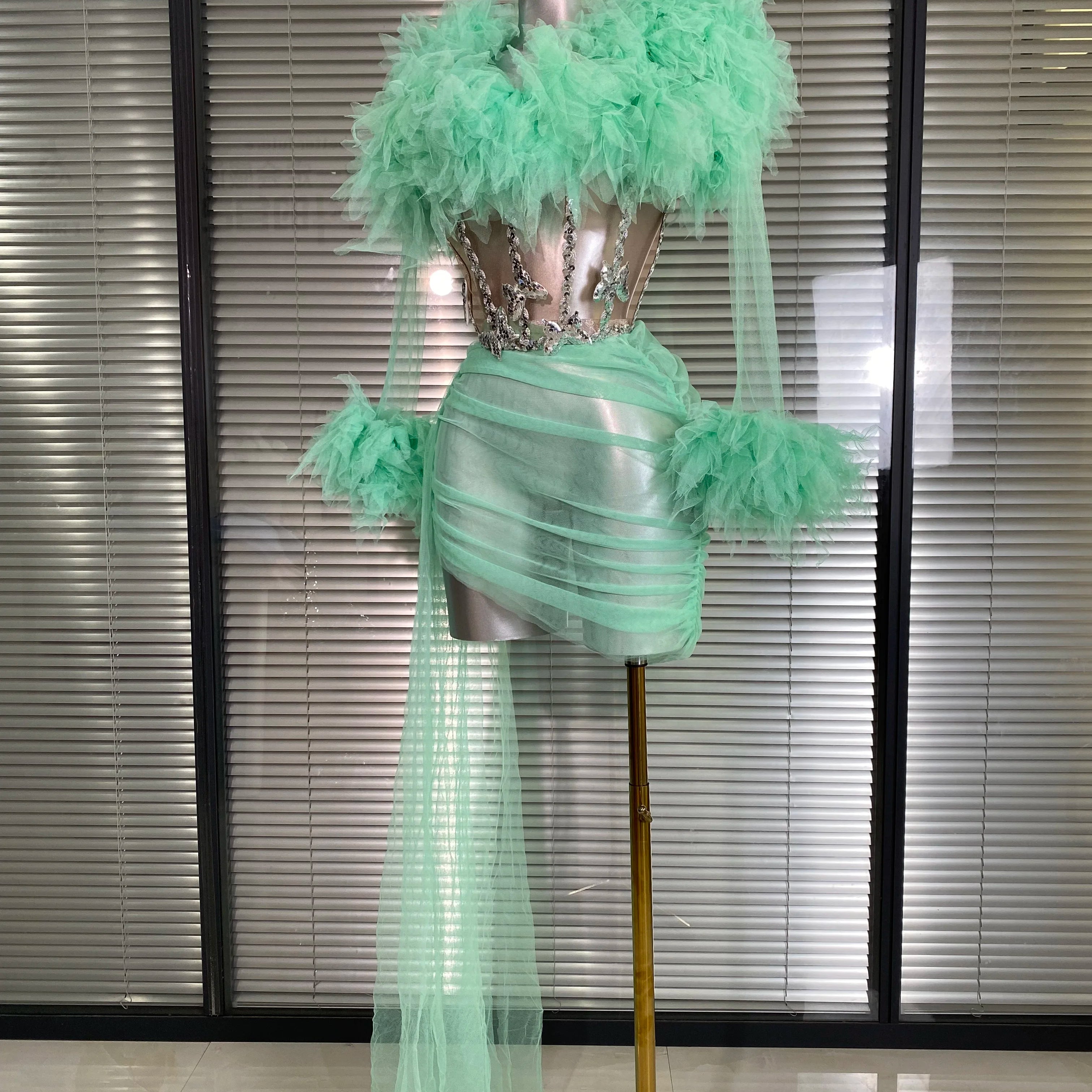 Summer New 2025 Sexy Two Pieces Set Women Celebrity Laced Mint Mesh Night Club Skirt Suits Stage Performance Costume