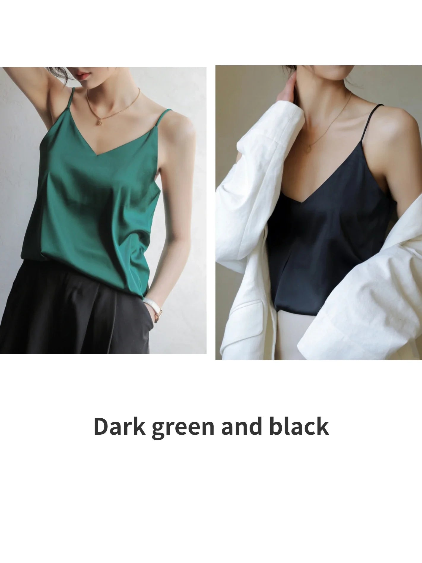 Grey Camisoles for Women Acetate SATIN Loose Summer Spaghetti Strap Tank Top Solid V-neck Fashion Sexy Backless Tanks & Camis Dark green and black